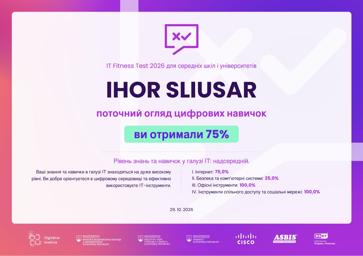 Сертифікат IT Fitness Test 2026, результат 75 відсотків, 29 жовтня 2026 року